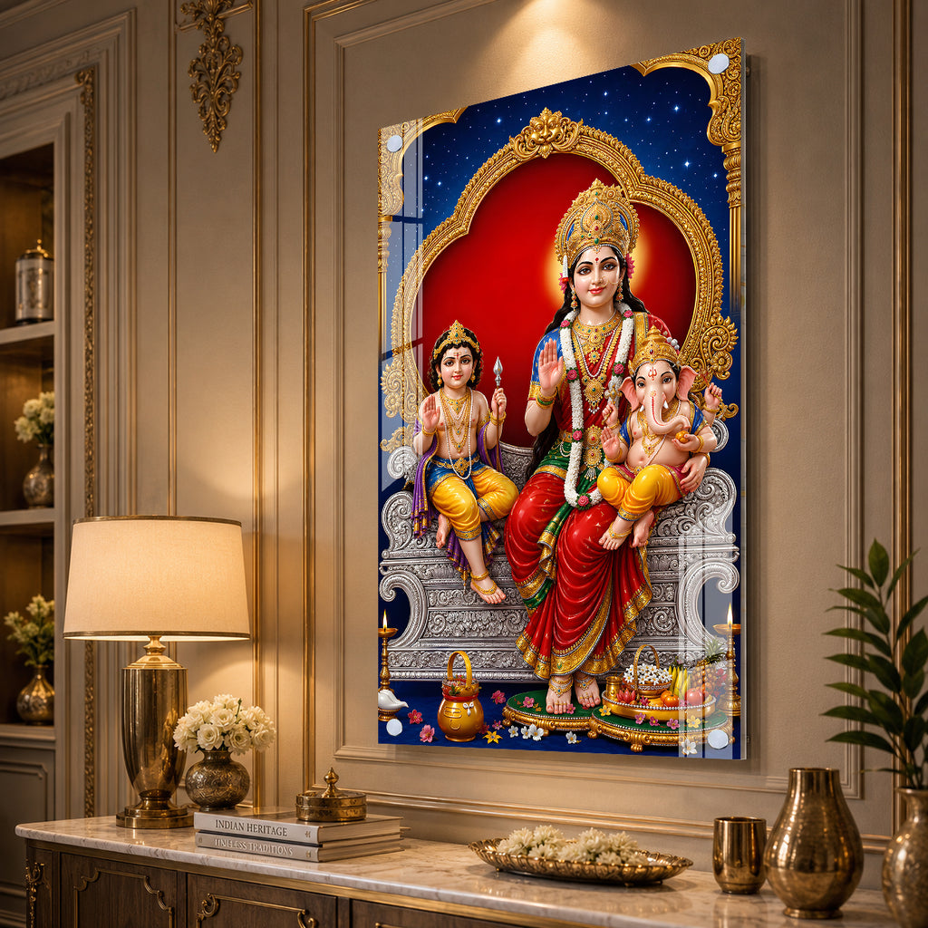 Mata Parvati Ganesha Kartikeya Black Framed Acrylic Painting for Religious Gifting
