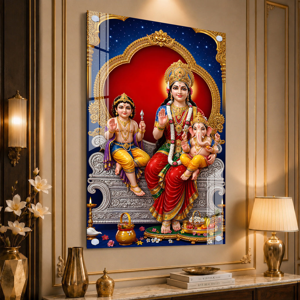 Mata Parvati Ganesha Kartikeya Black Framed Acrylic Painting for Religious Gifting