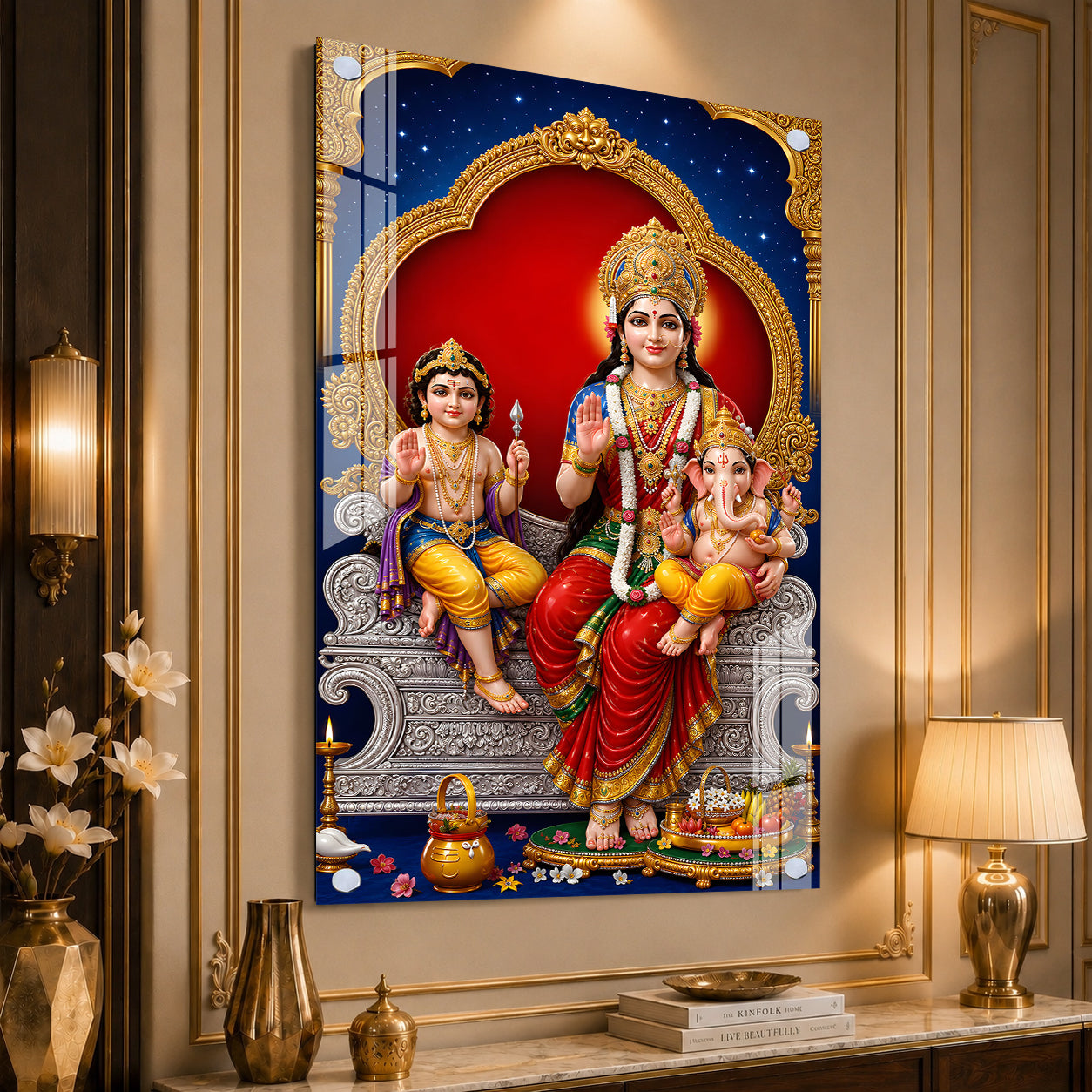 Mata Parvati Ganesha Kartikeya Black Framed Acrylic Painting for Religious Gifting