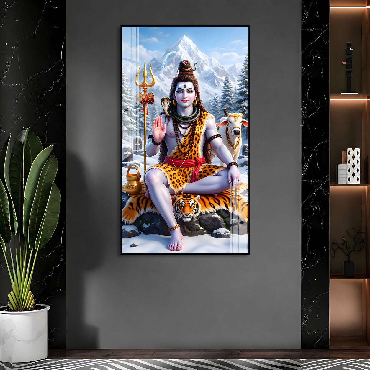 Meditating Mahadev Acrylic Wall Painting with Tiger Skin and Himalayan Background