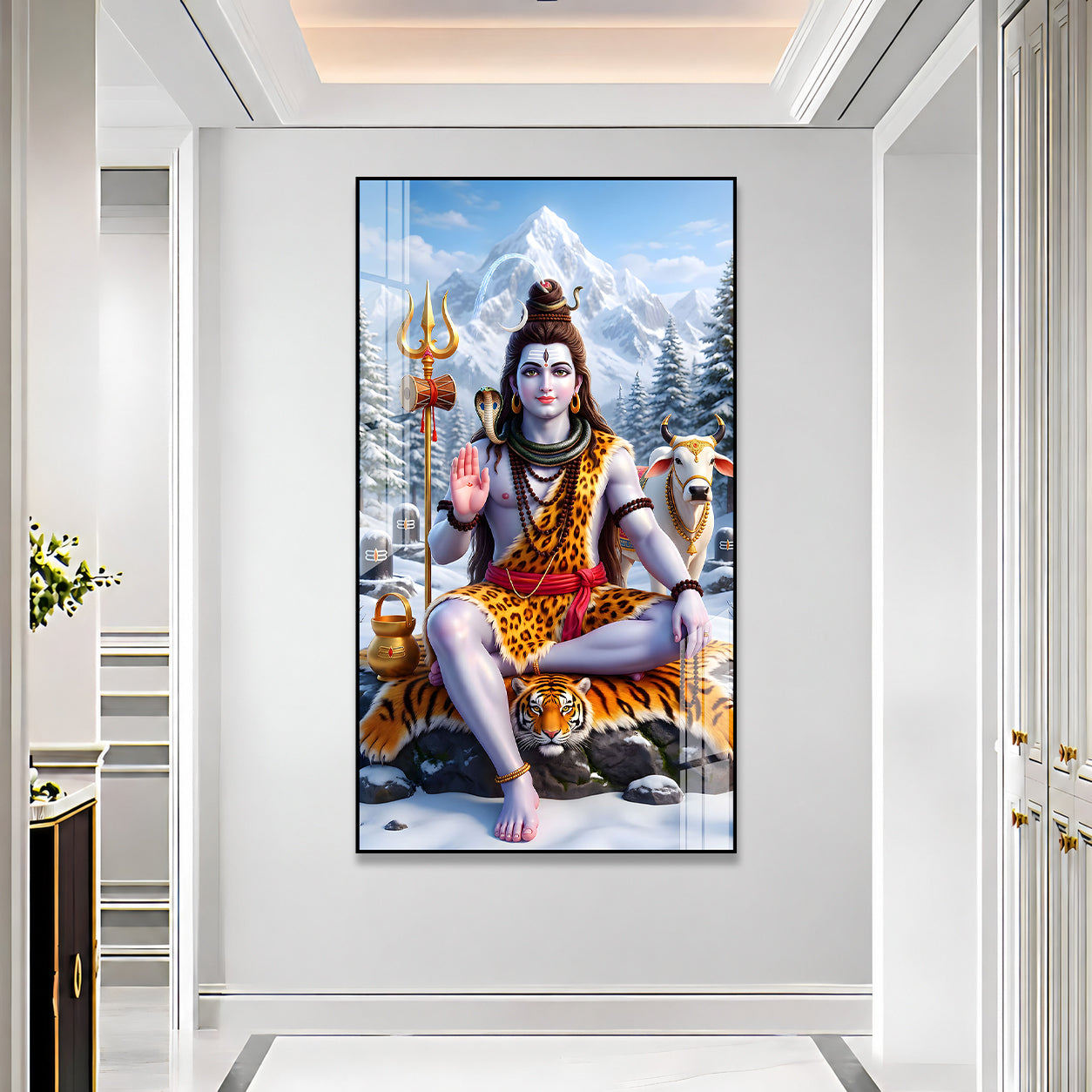 Meditating Mahadev Acrylic Wall Painting with Tiger Skin and Himalayan Background