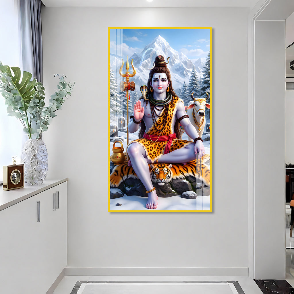 Meditating Mahadev Acrylic Wall Painting with Tiger Skin and Himalayan Background