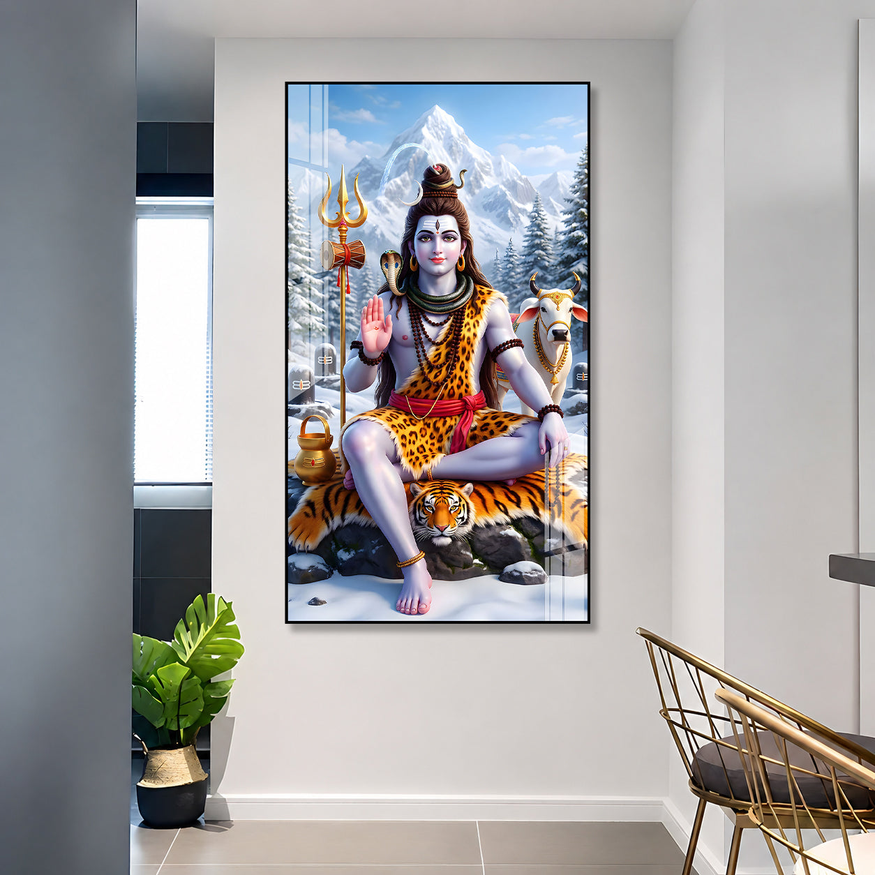 Meditating Mahadev Acrylic Wall Painting with Tiger Skin and Himalayan Background