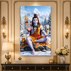 Meditating Mahadev Acrylic Wall Painting with Tiger Skin and Himalayan Background