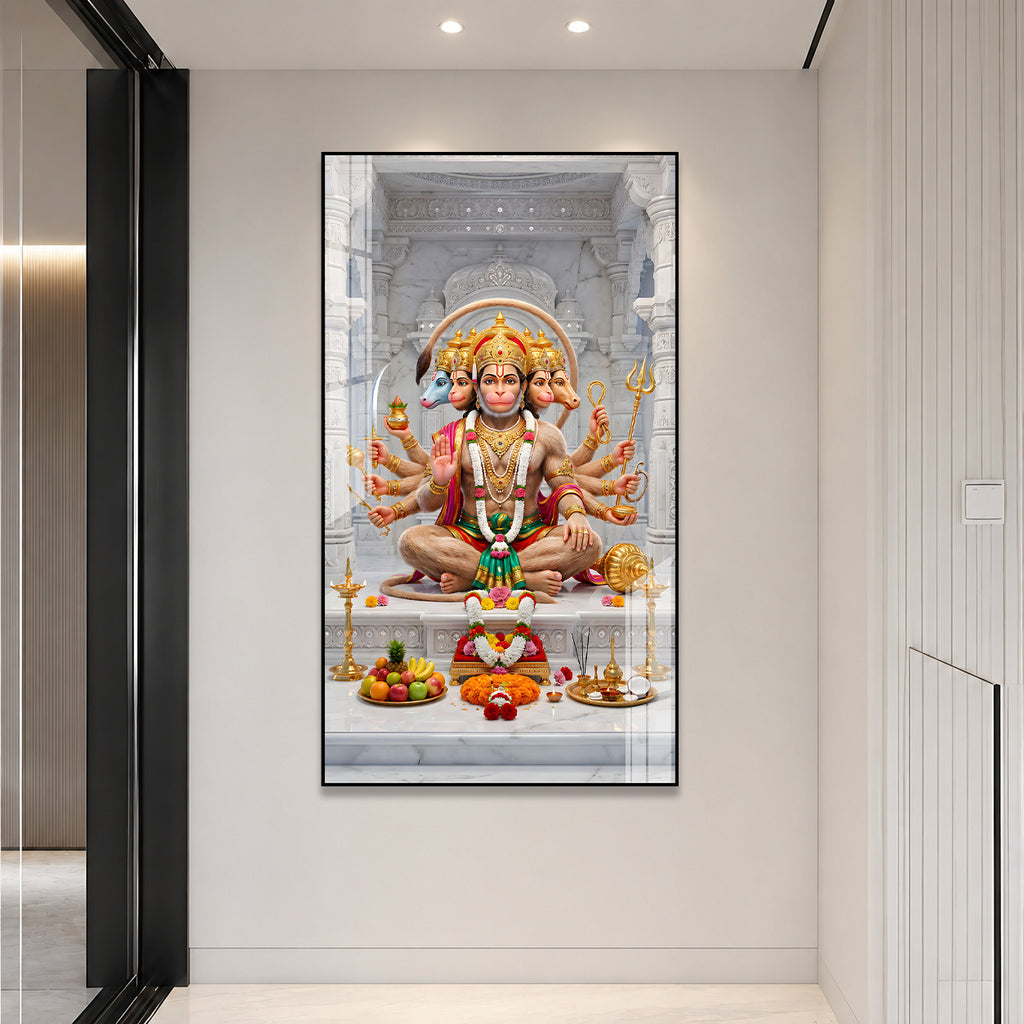 Panchmukhi Hanuman Ji Devotional Acrylic Painting with Traditional Temple Background