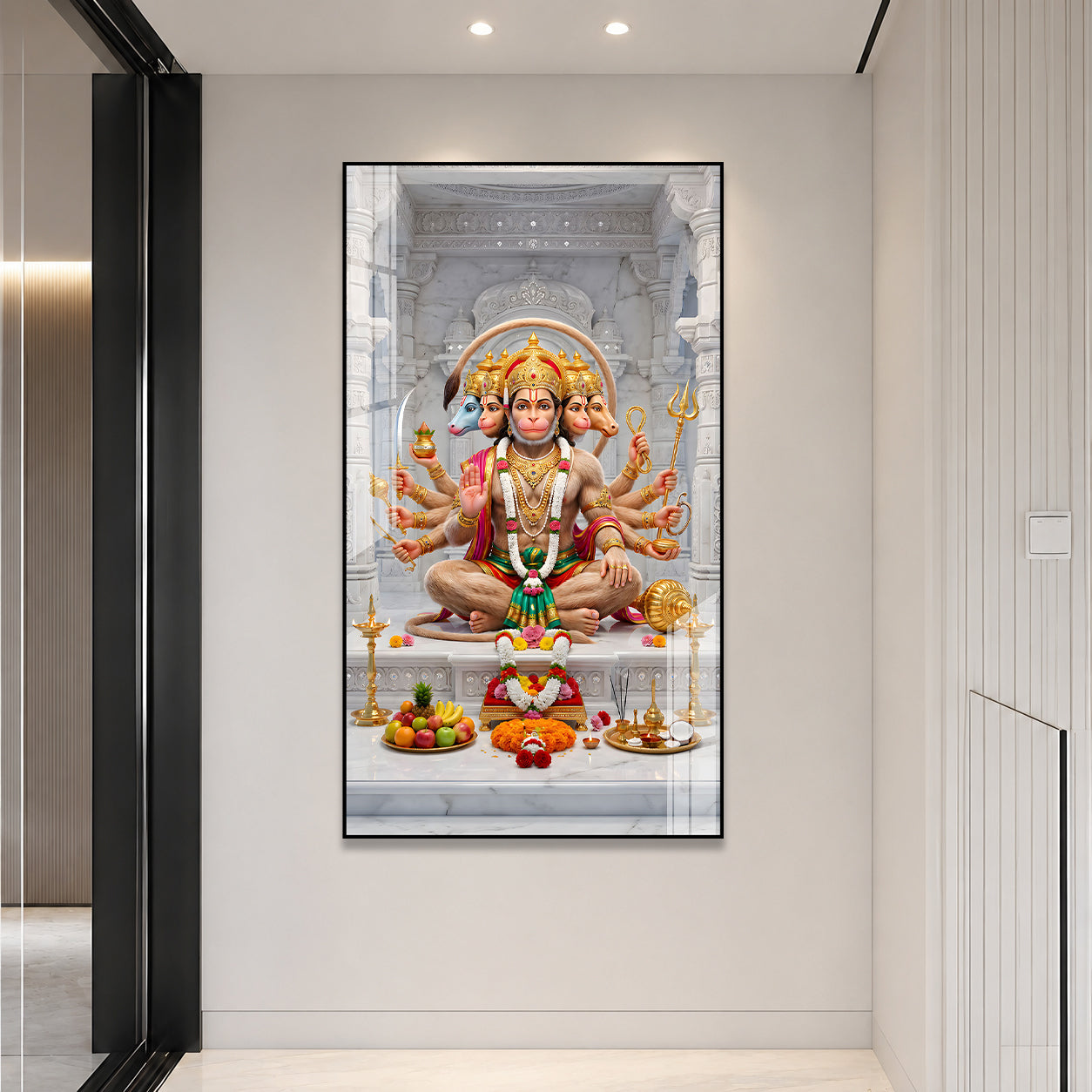 Panchmukhi Hanuman Ji Devotional Acrylic Painting with Traditional Temple Background