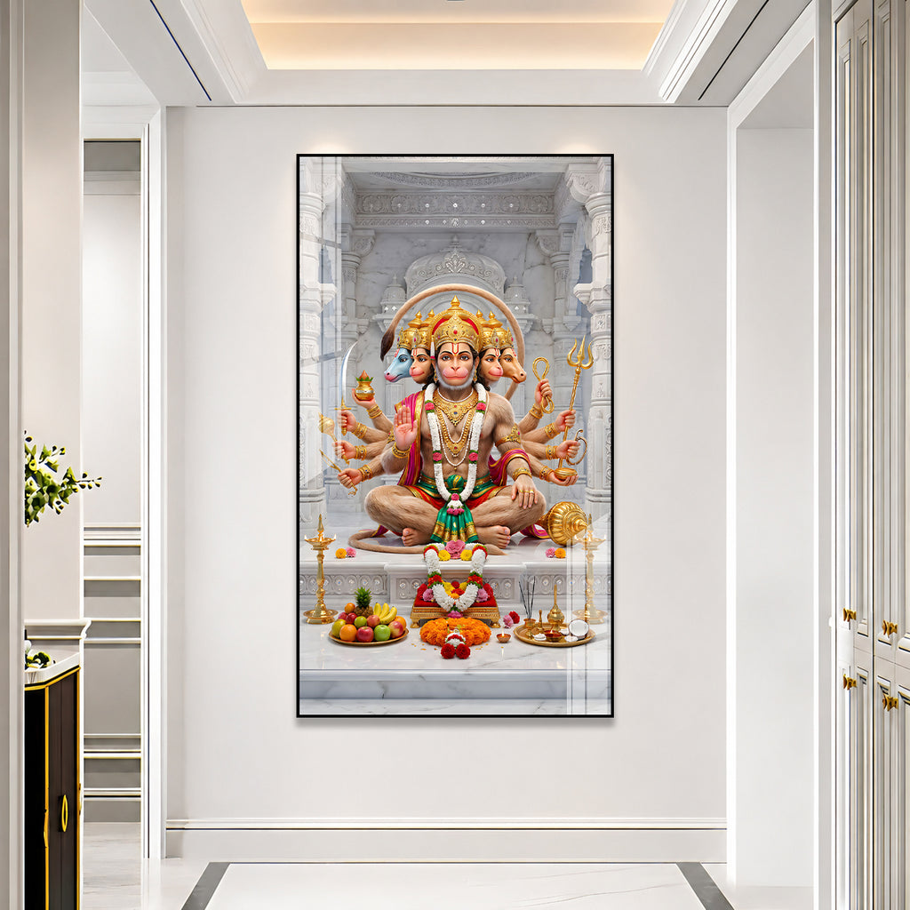 Panchmukhi Hanuman Ji Devotional Acrylic Painting with Traditional Temple Background