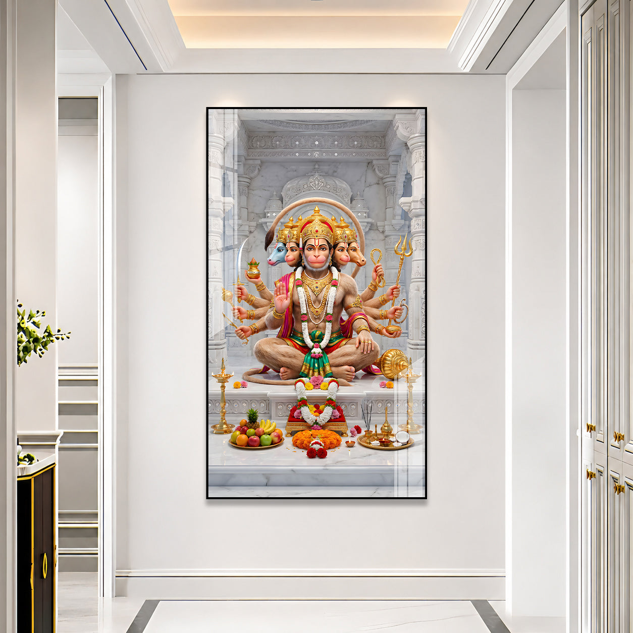 Panchmukhi Hanuman Ji Devotional Acrylic Painting with Traditional Temple Background