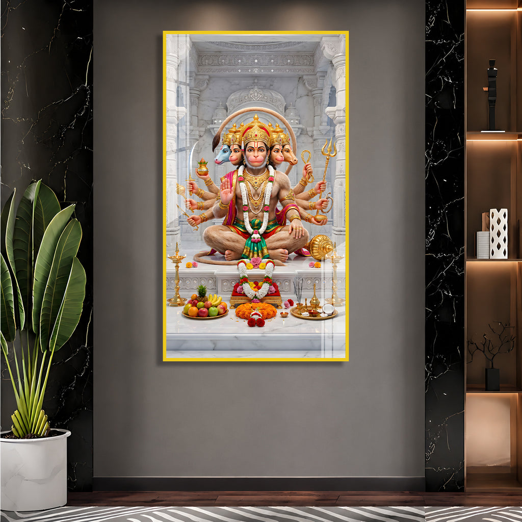 Panchmukhi Hanuman Ji Devotional Acrylic Painting with Traditional Temple Background