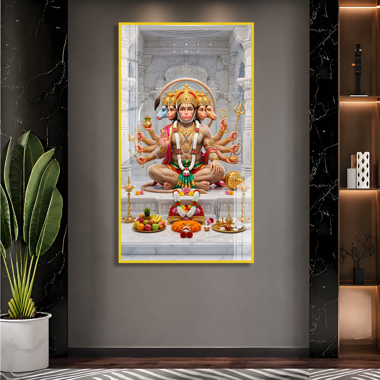 Panchmukhi Hanuman Ji Devotional Acrylic Painting with Traditional Temple Background