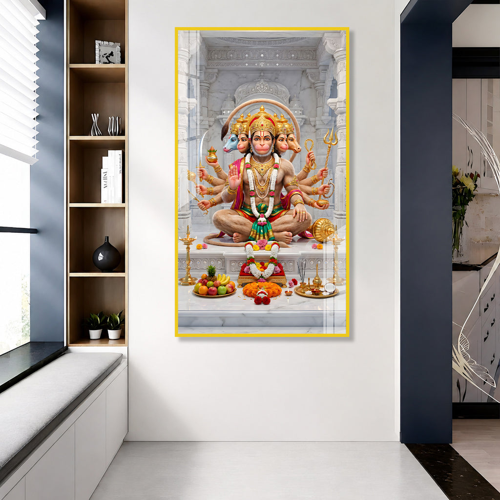 Panchmukhi Hanuman Ji Devotional Acrylic Painting with Traditional Temple Background