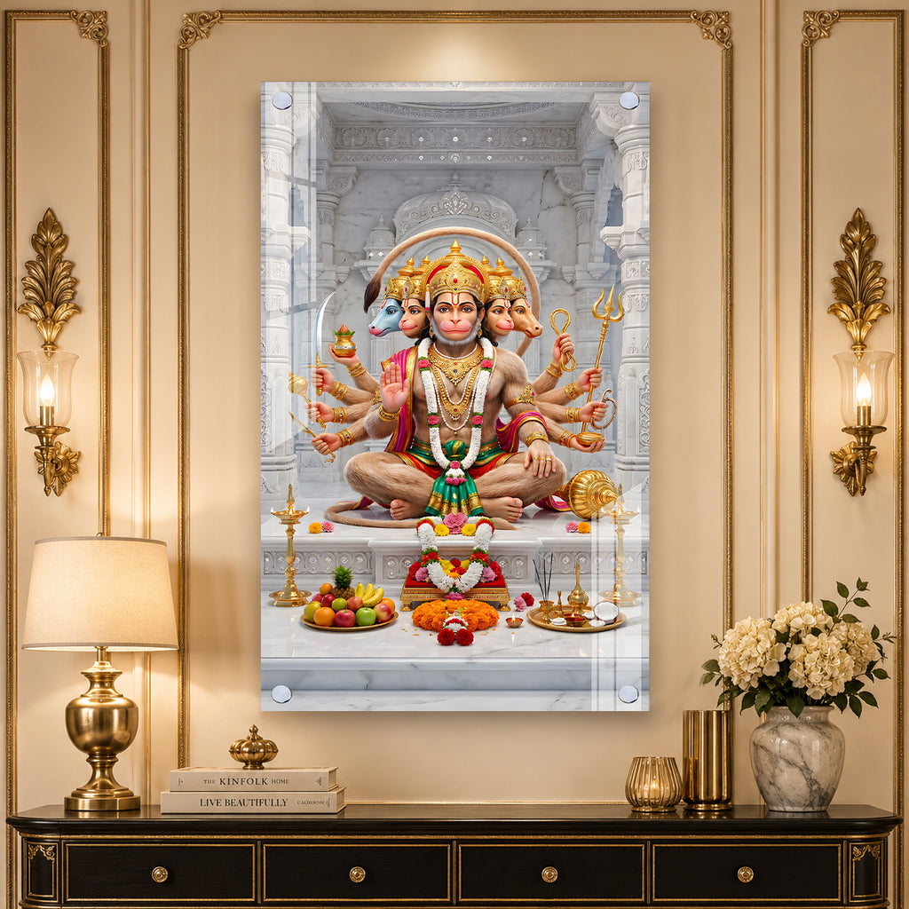 Panchmukhi Hanuman Ji Devotional Acrylic Painting with Traditional Temple Background