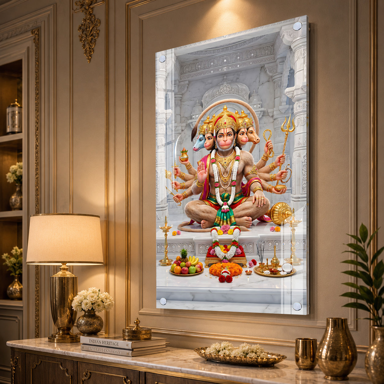 Panchmukhi Hanuman Ji Devotional Acrylic Painting with Traditional Temple Background
