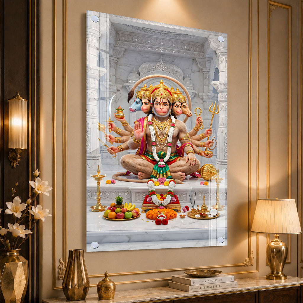 Panchmukhi Hanuman Ji Devotional Acrylic Painting with Traditional Temple Background