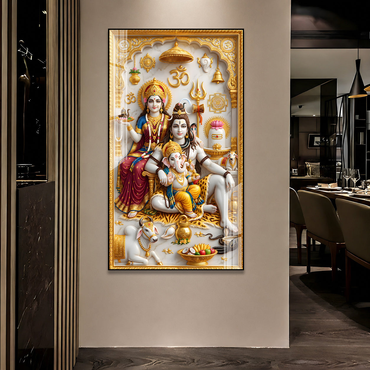 Mahadev Family Acrylic Painting with Golden Temple Design for Spiritual Home Decor