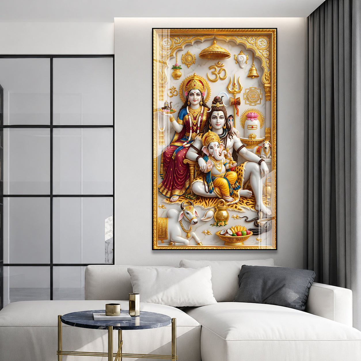Mahadev Family Acrylic Painting with Golden Temple Design for Spiritual Home Decor