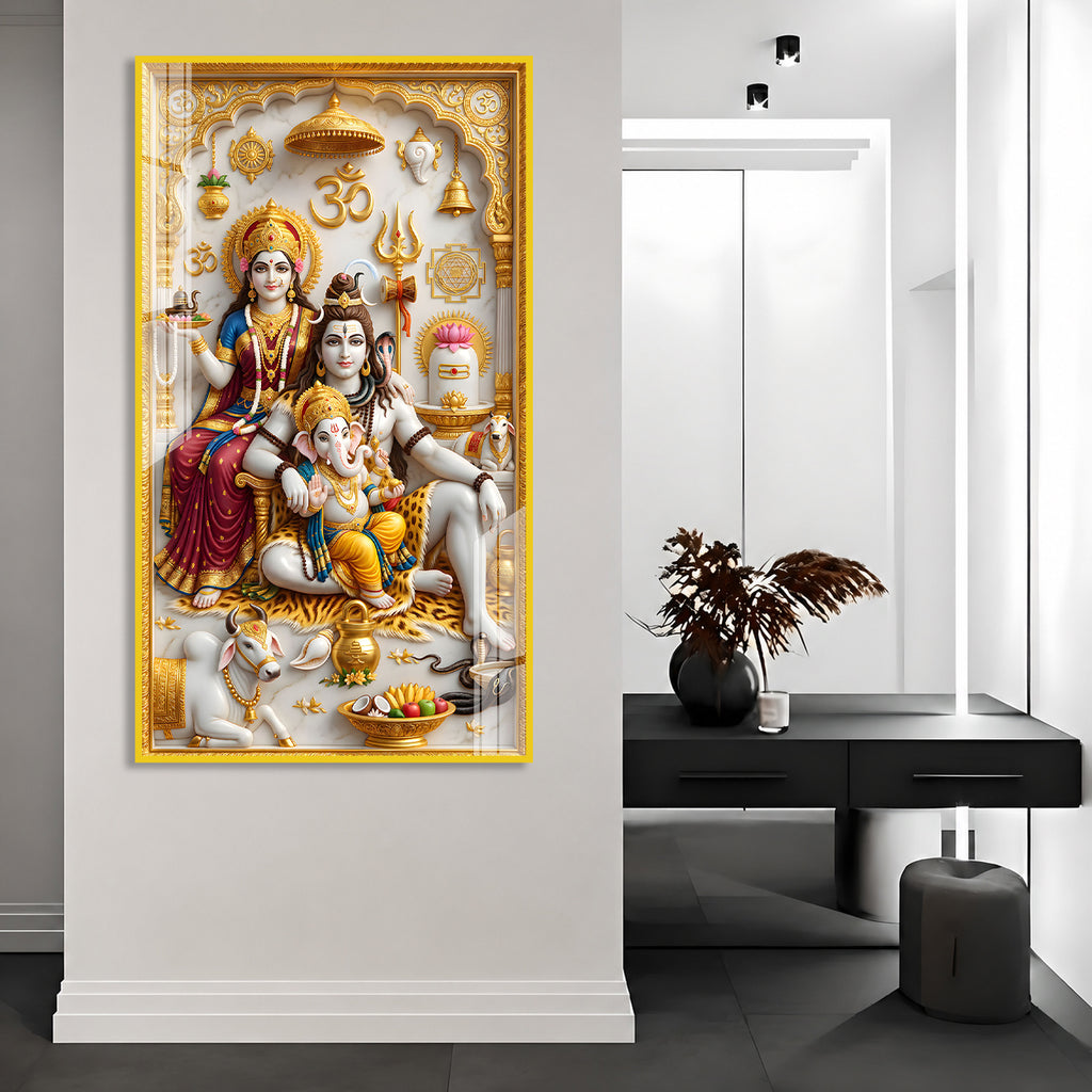 Mahadev Family Acrylic Painting with Golden Temple Design for Spiritual Home Decor