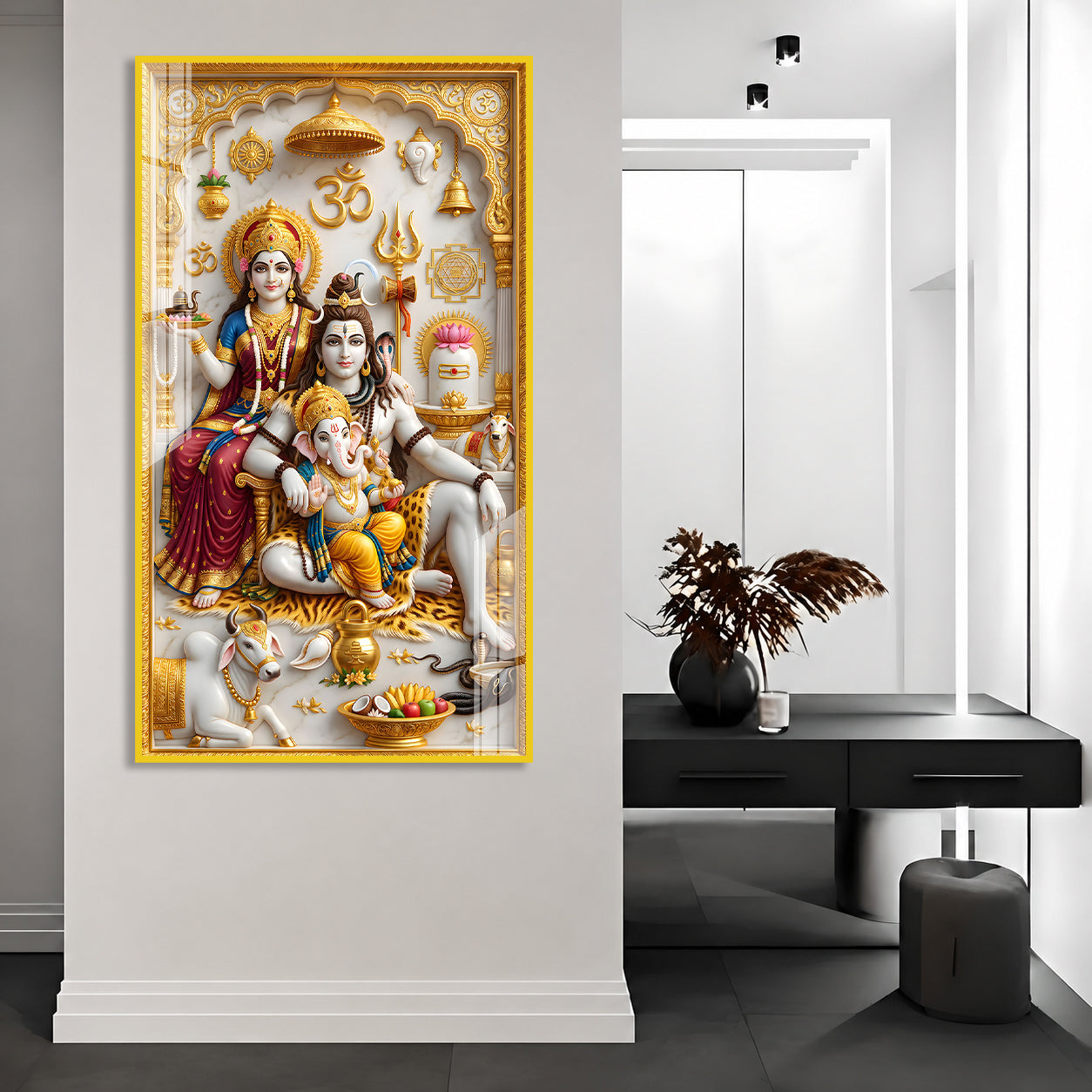Mahadev Family Acrylic Painting with Golden Temple Design for Spiritual Home Decor