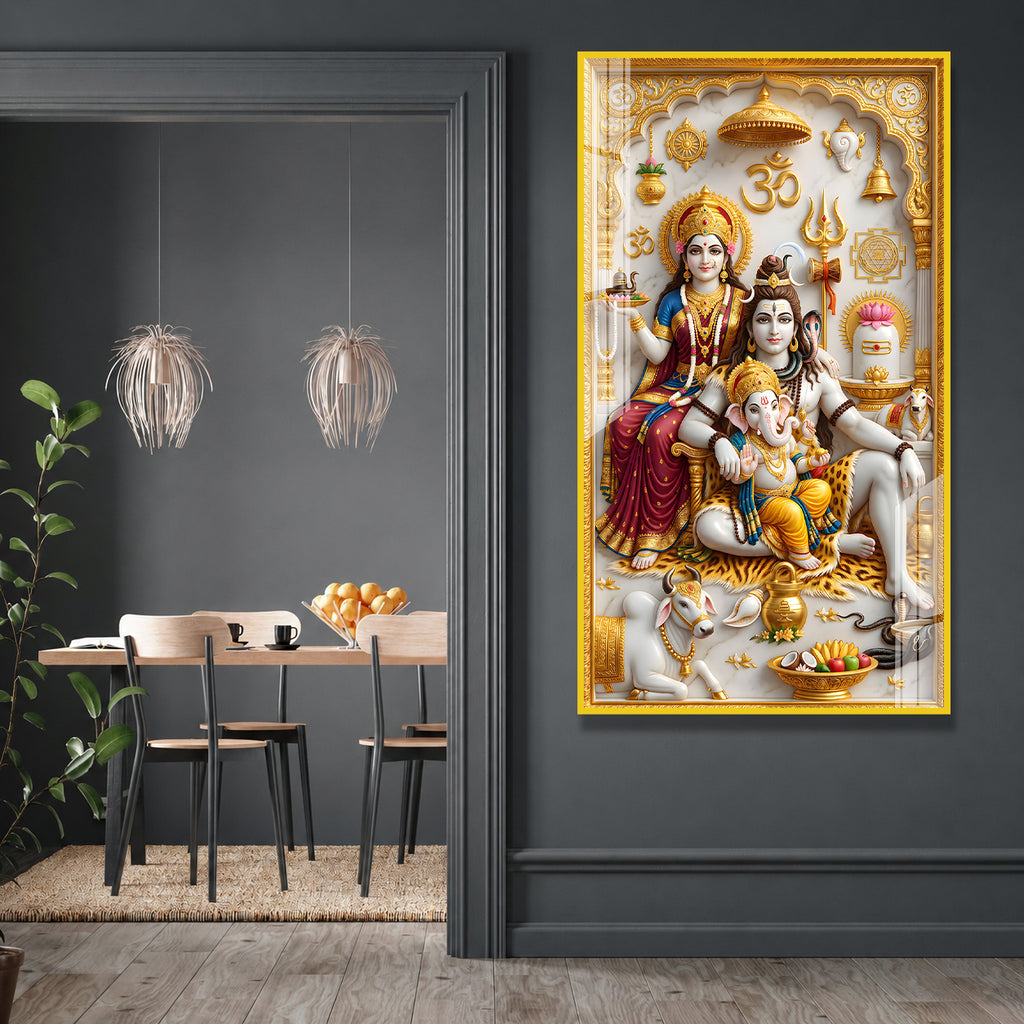 Mahadev Family Acrylic Painting with Golden Temple Design for Spiritual Home Decor