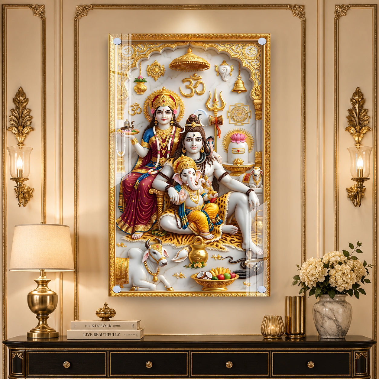 Mahadev Family Acrylic Painting with Golden Temple Design for Spiritual Home Decor
