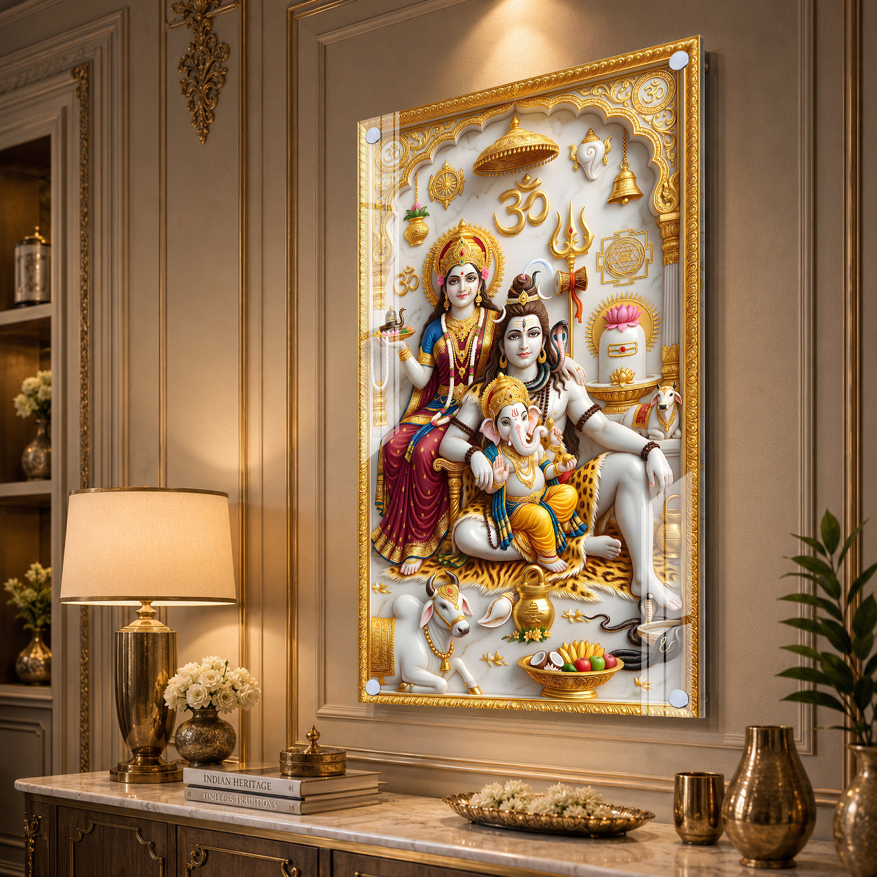 Mahadev Family Acrylic Painting with Golden Temple Design for Spiritual Home Decor