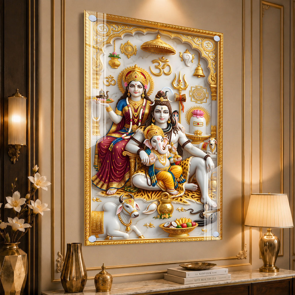 Mahadev Family Acrylic Painting with Golden Temple Design for Spiritual Home Decor