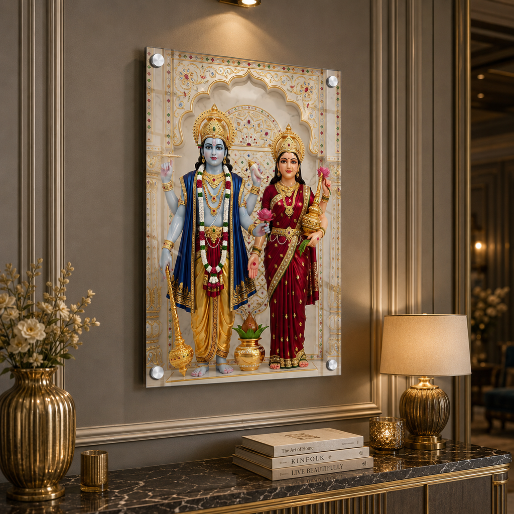 Divine Vishnu Lakshmi Acrylic Glass Painting for Home Temple