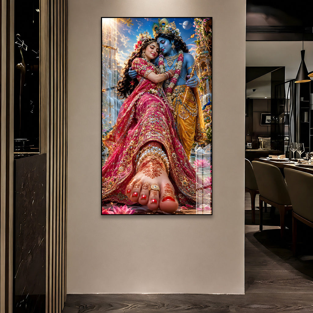 Elegant Radha Krishna Wall Painting with Peacock Feather Art
