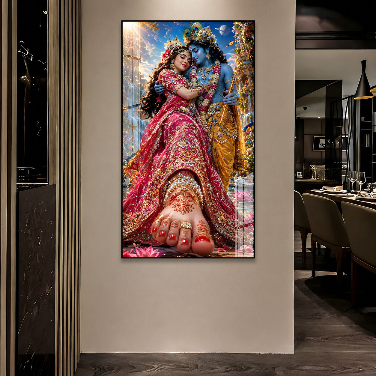 Elegant Radha Krishna Wall Painting with Peacock Feather Art