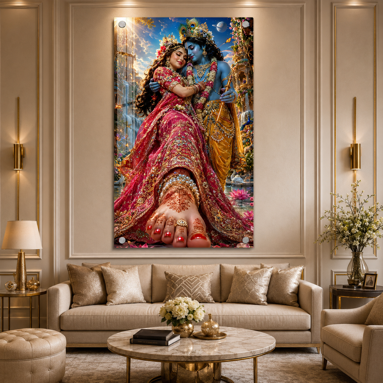 Elegant Radha Krishna Wall Painting with Peacock Feather Art
