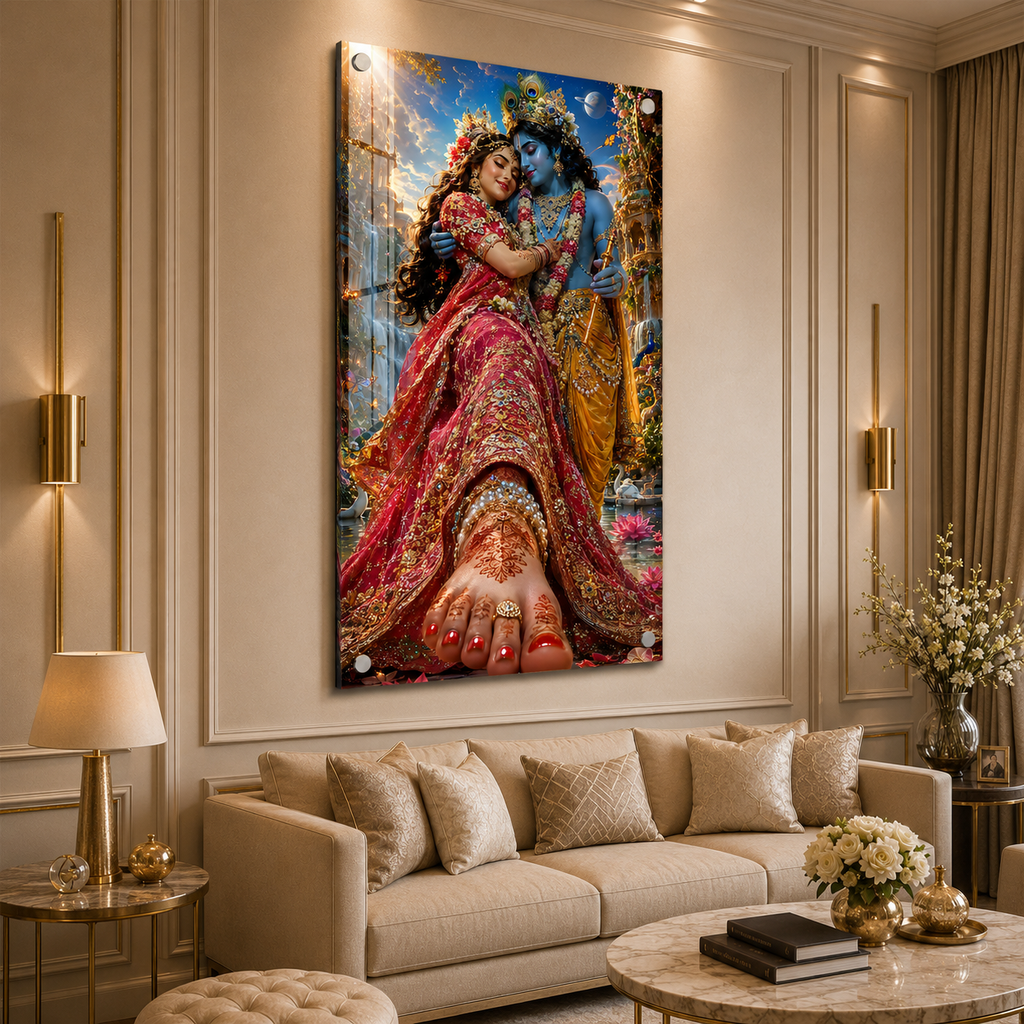 Elegant Radha Krishna Wall Painting with Peacock Feather Art