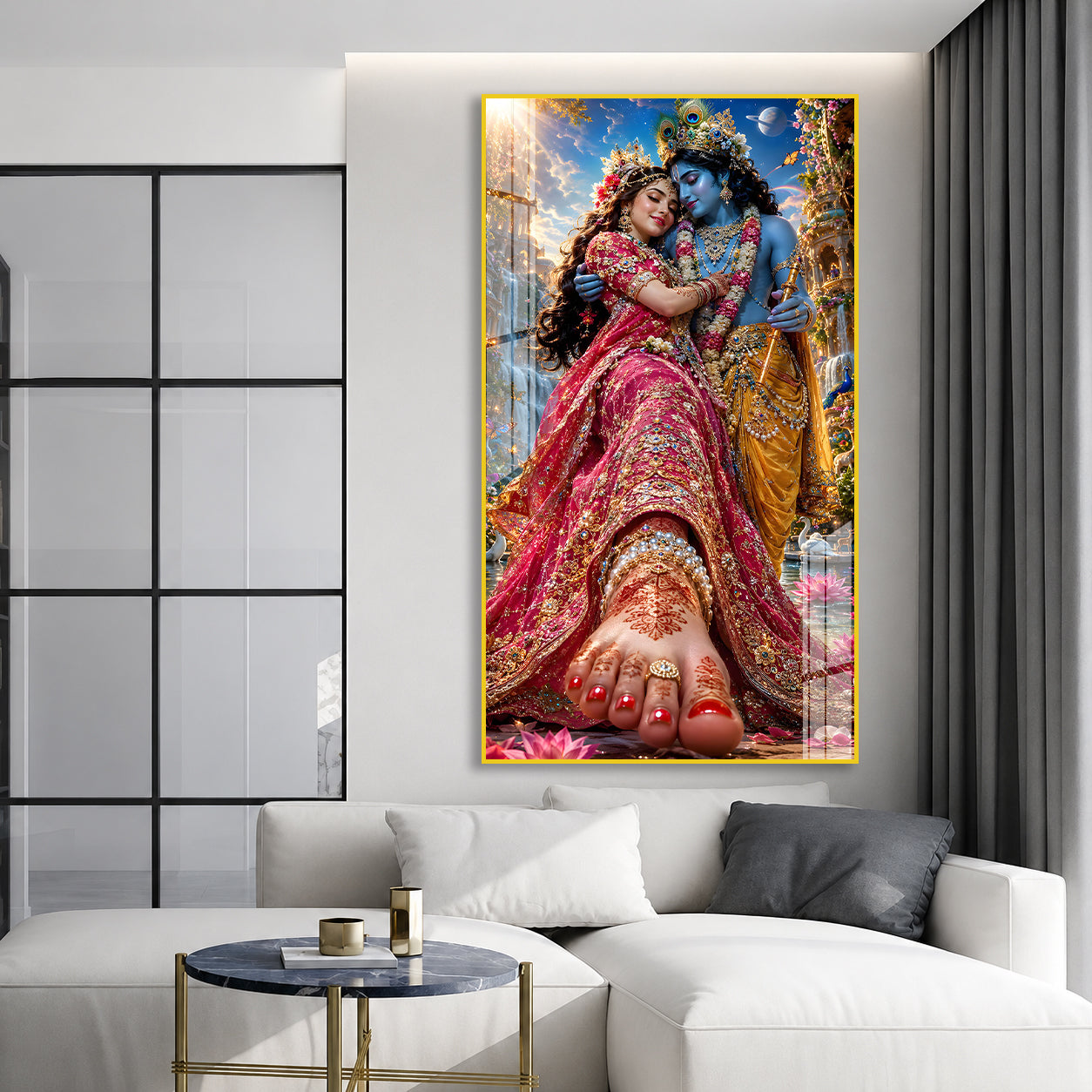 Elegant Radha Krishna Wall Painting with Peacock Feather Art