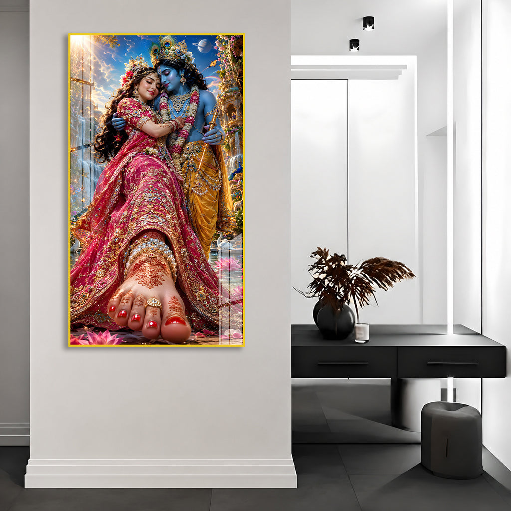 Elegant Radha Krishna Wall Painting with Peacock Feather Art
