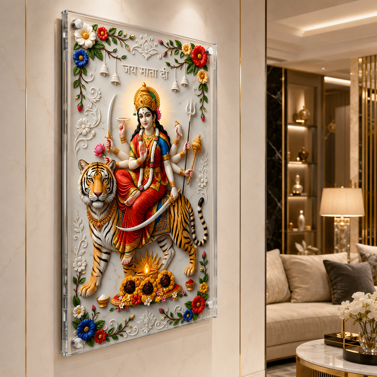 Designer Goddess Durga Acrylic Frame for Home Entrance
