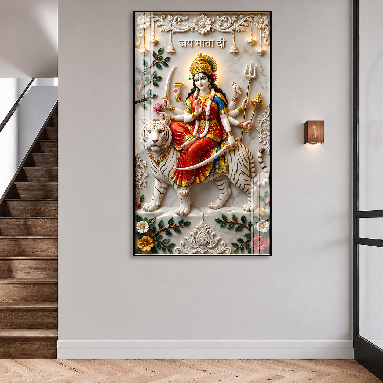 Maa Durga White Tiger Acrylic Wall Art for Wealth & Protection