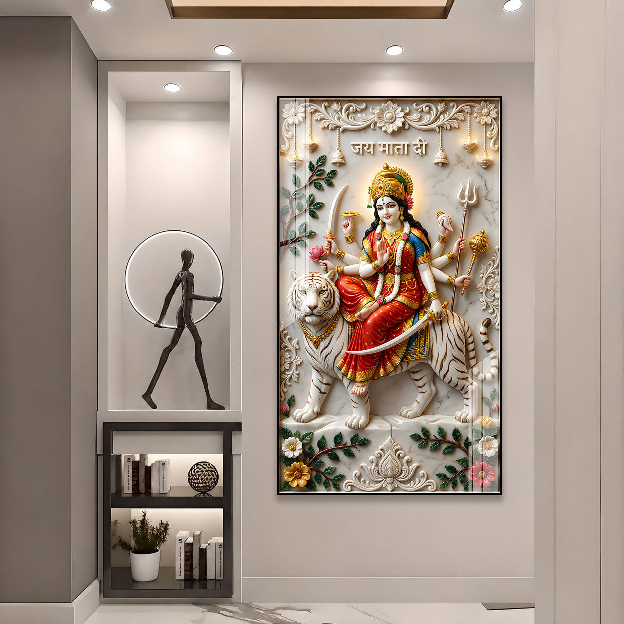 Maa Durga White Tiger Acrylic Wall Art for Wealth & Protection