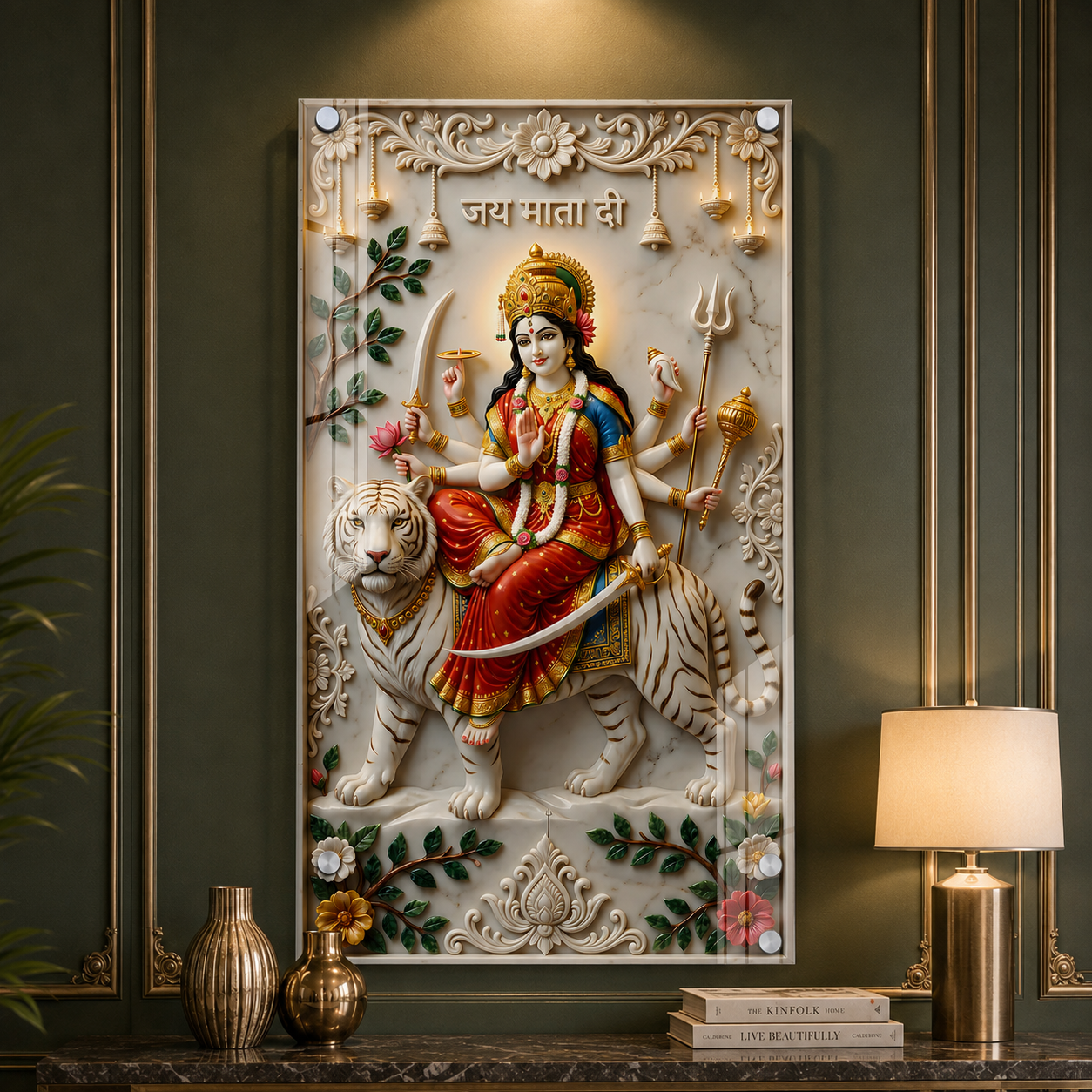 Maa Durga White Tiger Acrylic Wall Art for Wealth & Protection