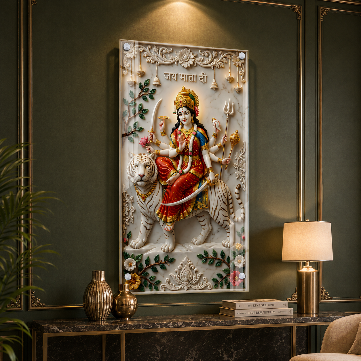 Maa Durga White Tiger Acrylic Wall Art for Wealth & Protection