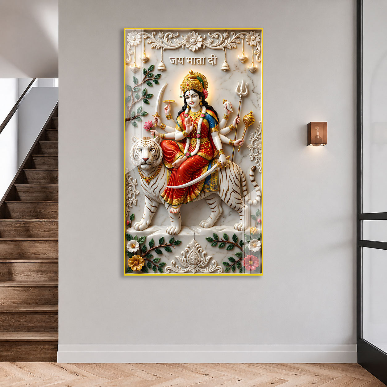Maa Durga White Tiger Acrylic Wall Art for Wealth & Protection