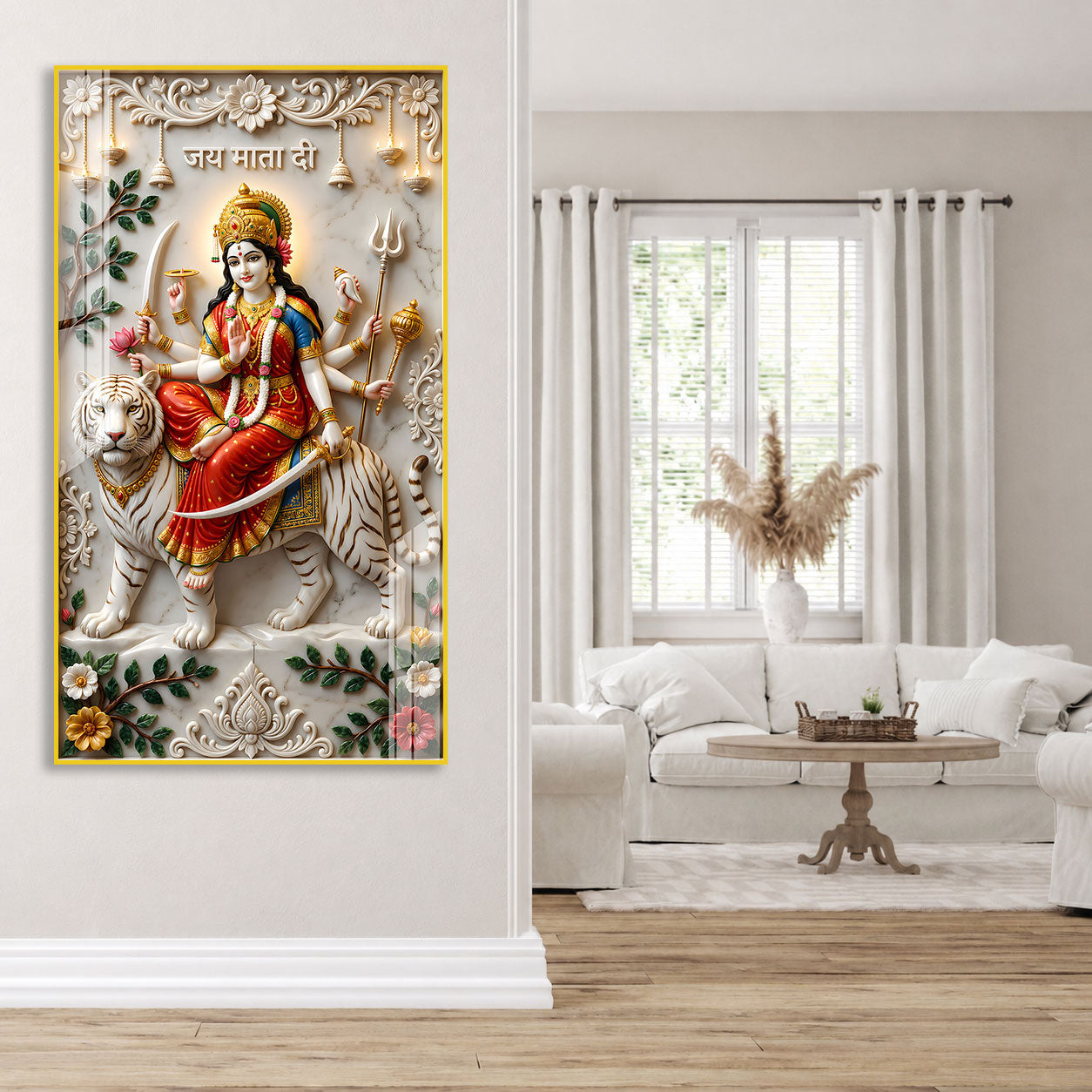 Maa Durga White Tiger Acrylic Wall Art for Wealth & Protection