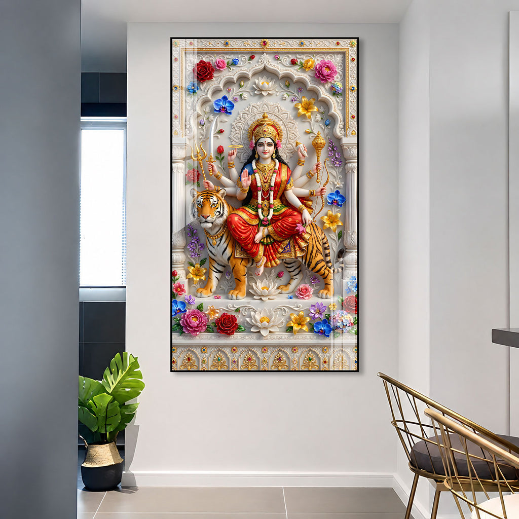 Durga Mata Sitting on Tiger Premium Acrylic Religious Wall Painting for Hindu Home Decor