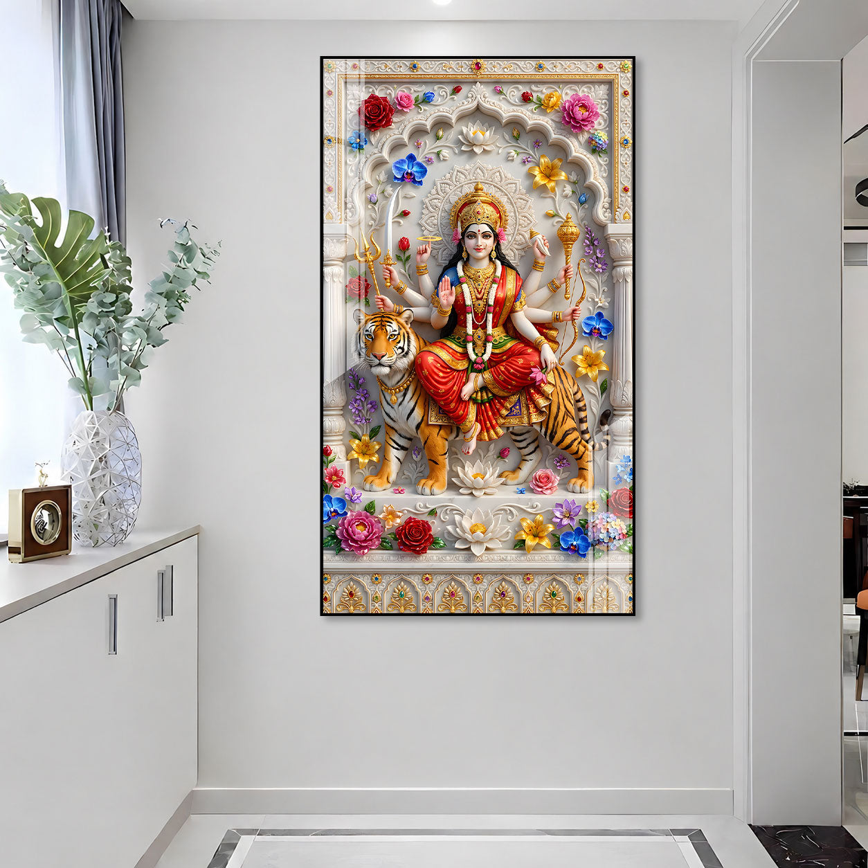 Durga Mata Sitting on Tiger Premium Acrylic Religious Wall Painting for Hindu Home Decor