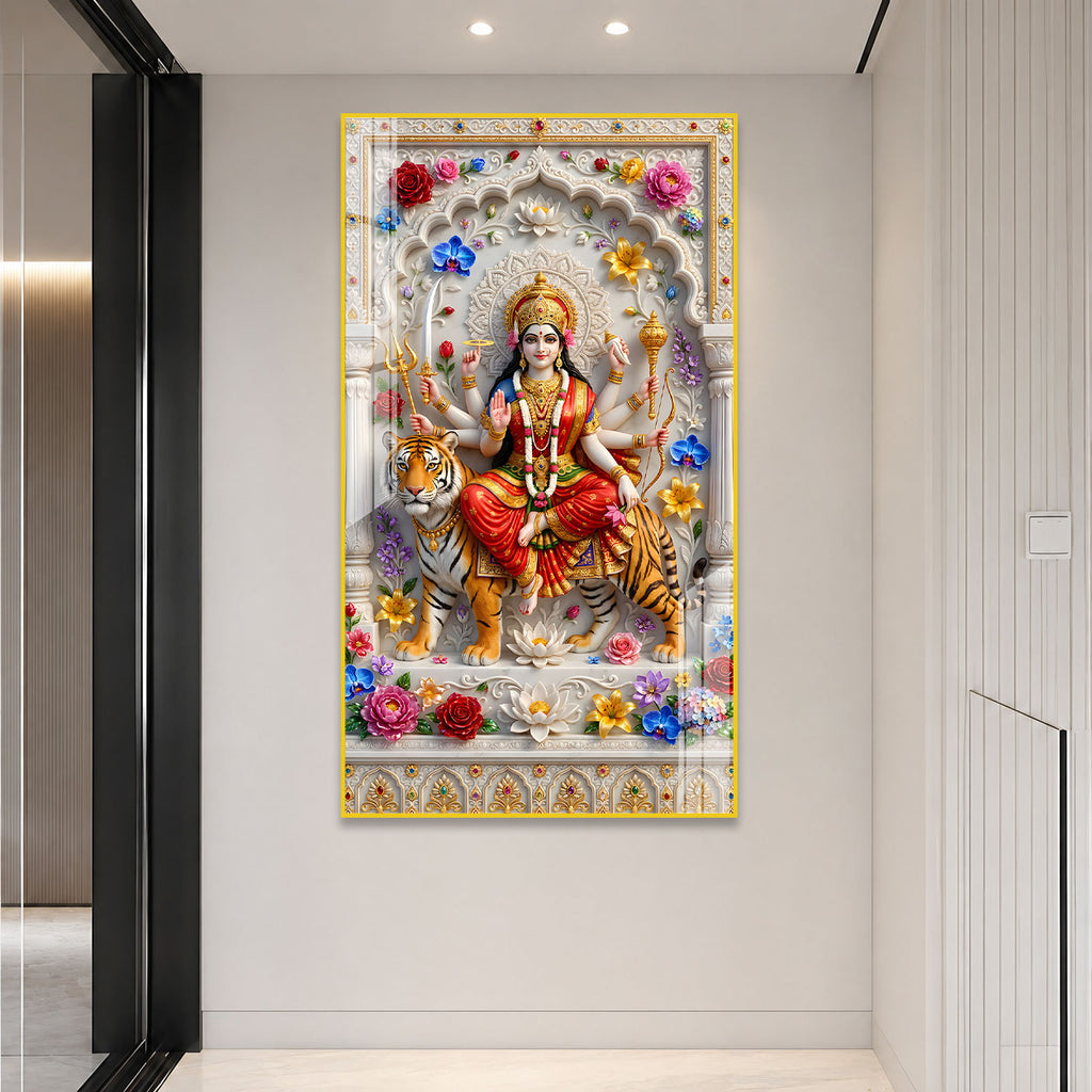 Durga Mata Sitting on Tiger Premium Acrylic Religious Wall Painting for Hindu Home Decor