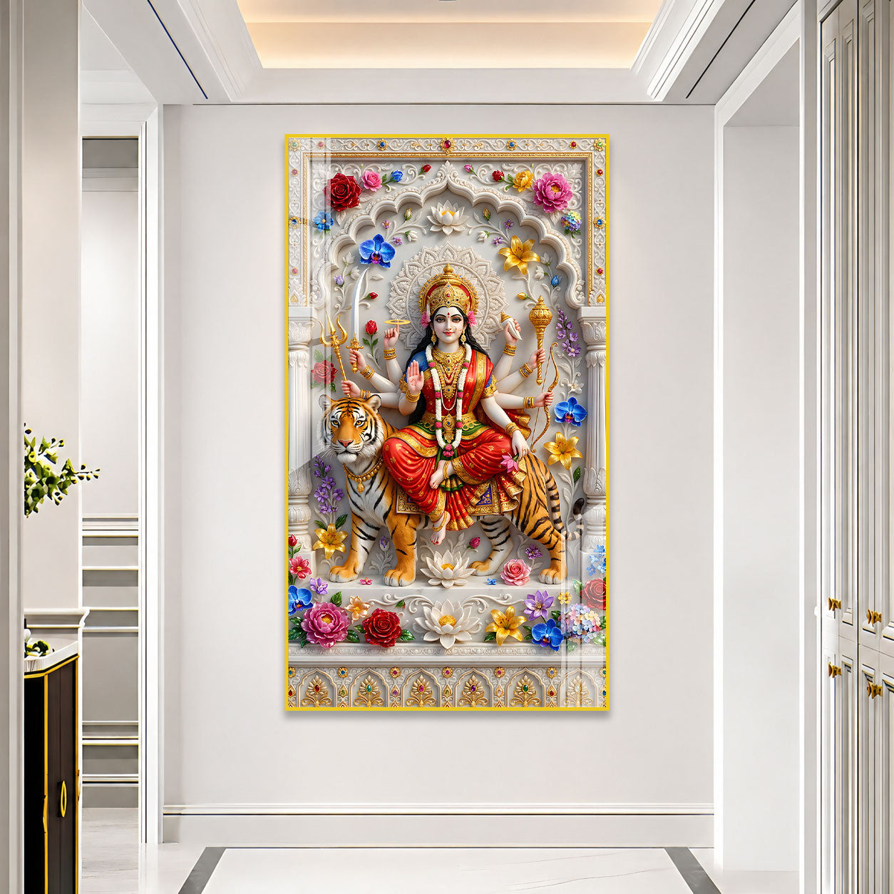 Durga Mata Sitting on Tiger Premium Acrylic Religious Wall Painting for Hindu Home Decor
