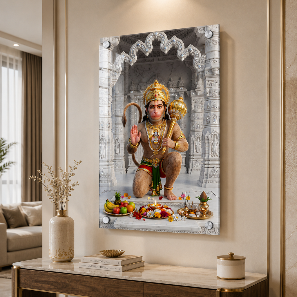 Divine Sankat Mochan Hanuman Acrylic Wall Art with Marble Temple Background
