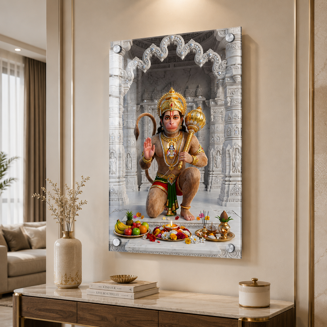 Divine Sankat Mochan Hanuman Acrylic Wall Art with Marble Temple Background