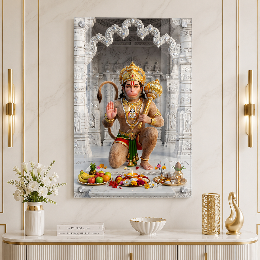 Divine Sankat Mochan Hanuman Acrylic Wall Art with Marble Temple Background