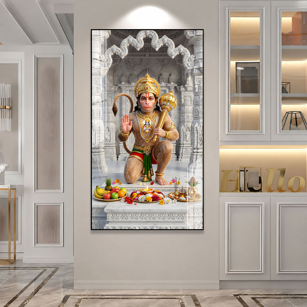 Divine Sankat Mochan Hanuman Acrylic Wall Art with Marble Temple Background