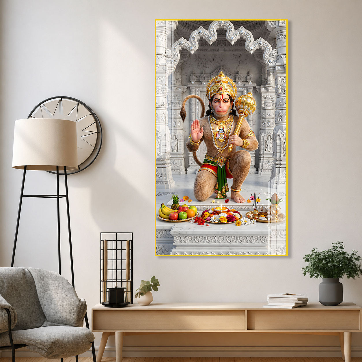 Divine Sankat Mochan Hanuman Acrylic Wall Art with Marble Temple Background