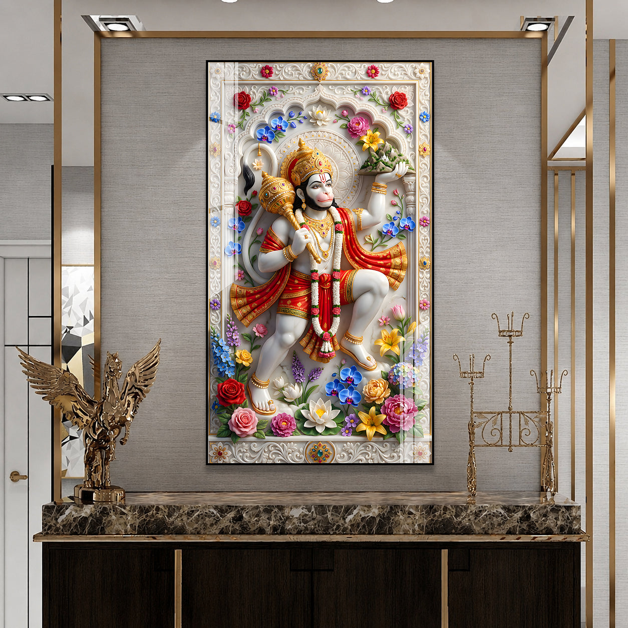 Powerful Lord Hanuman with Sanjeevani Mountain Acrylic Wall Art for Home Temple